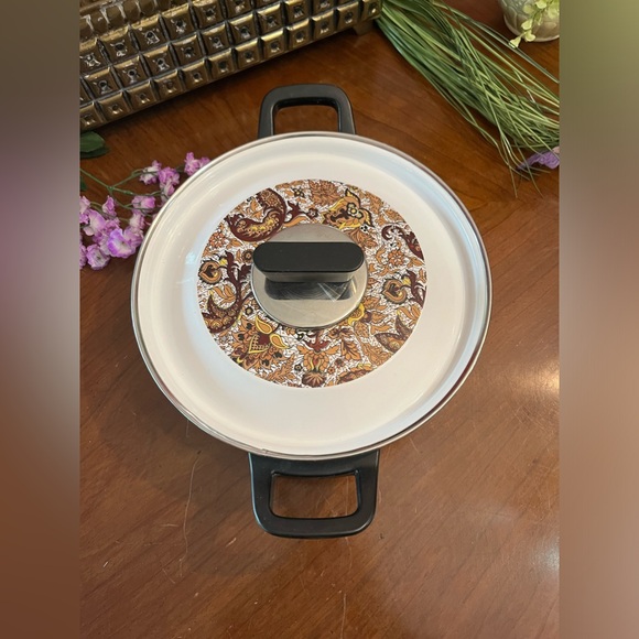 Vintage MCM Fancipan Autumn Leaf Brown Paisley 9”x3” Enamel Stew Pan w Lid - Picture 2 of 11